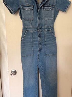 Good American Light Blue Denim Short-Sleeve Overalls